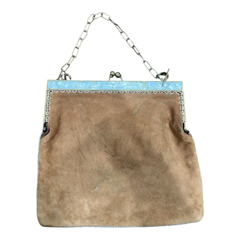 Aimee Capobianco Floral Beaded Suede Evening Bag Mother of Pearl Gingham Lining - Picture 2 of 8